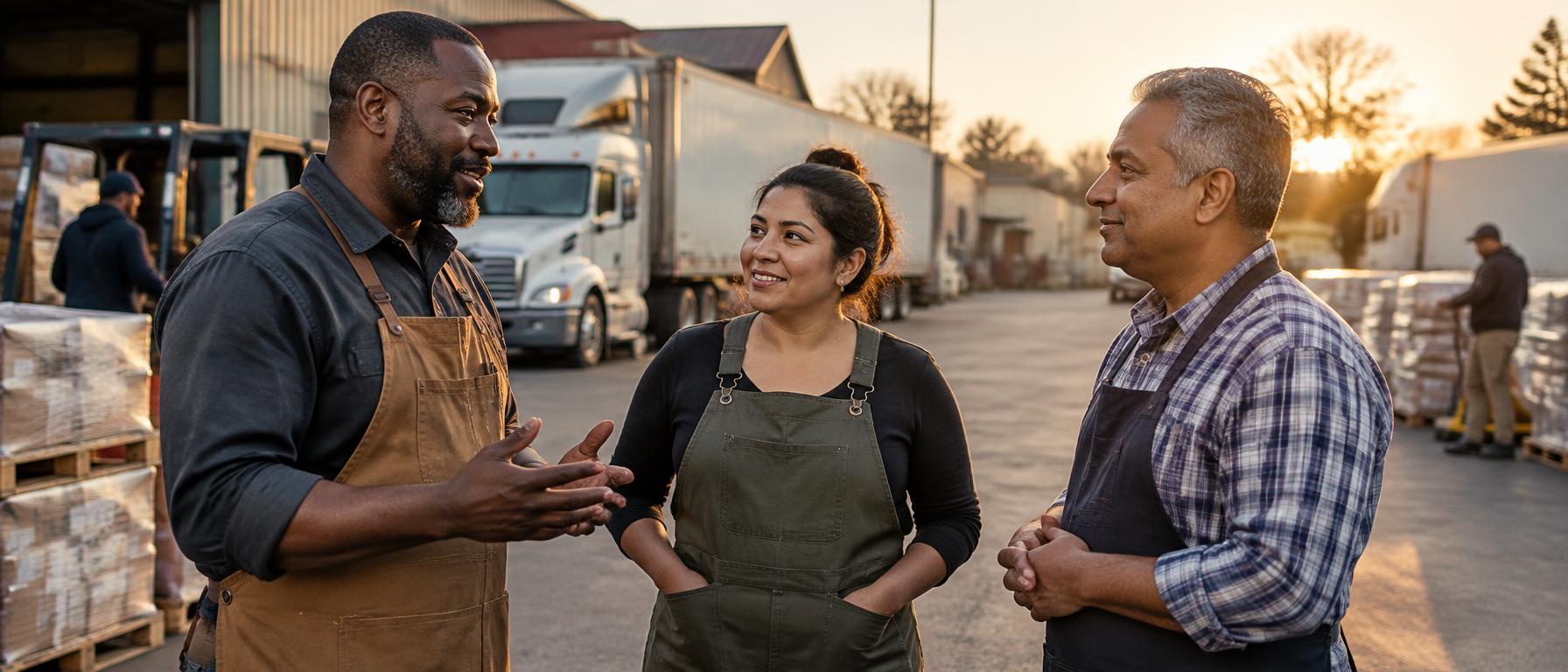A team of business owners talking in their truck yard at sunset