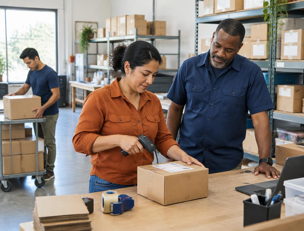 A team working through an order together in an organized logistics workspace